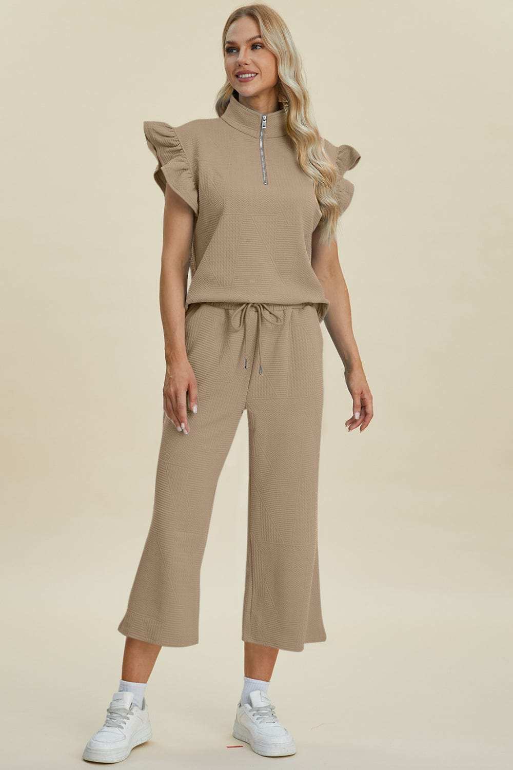 Double Take Full Size Texture Ruffle Short Sleeve Top and Wide Leg Pants Set - Trendsi - Flyclothing LLC