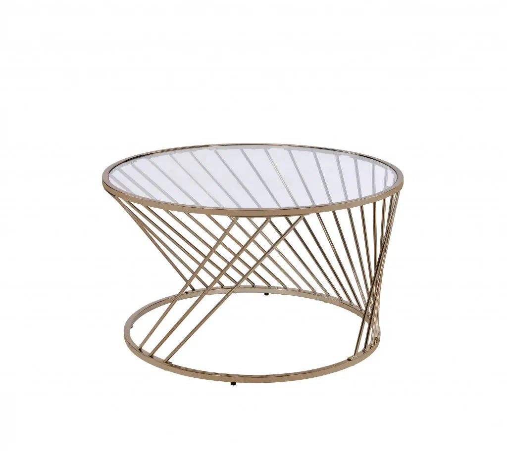 32" Champagne And Clear Glass And Metal Round Coffee Table - Homeroots - Flyclothing LLC