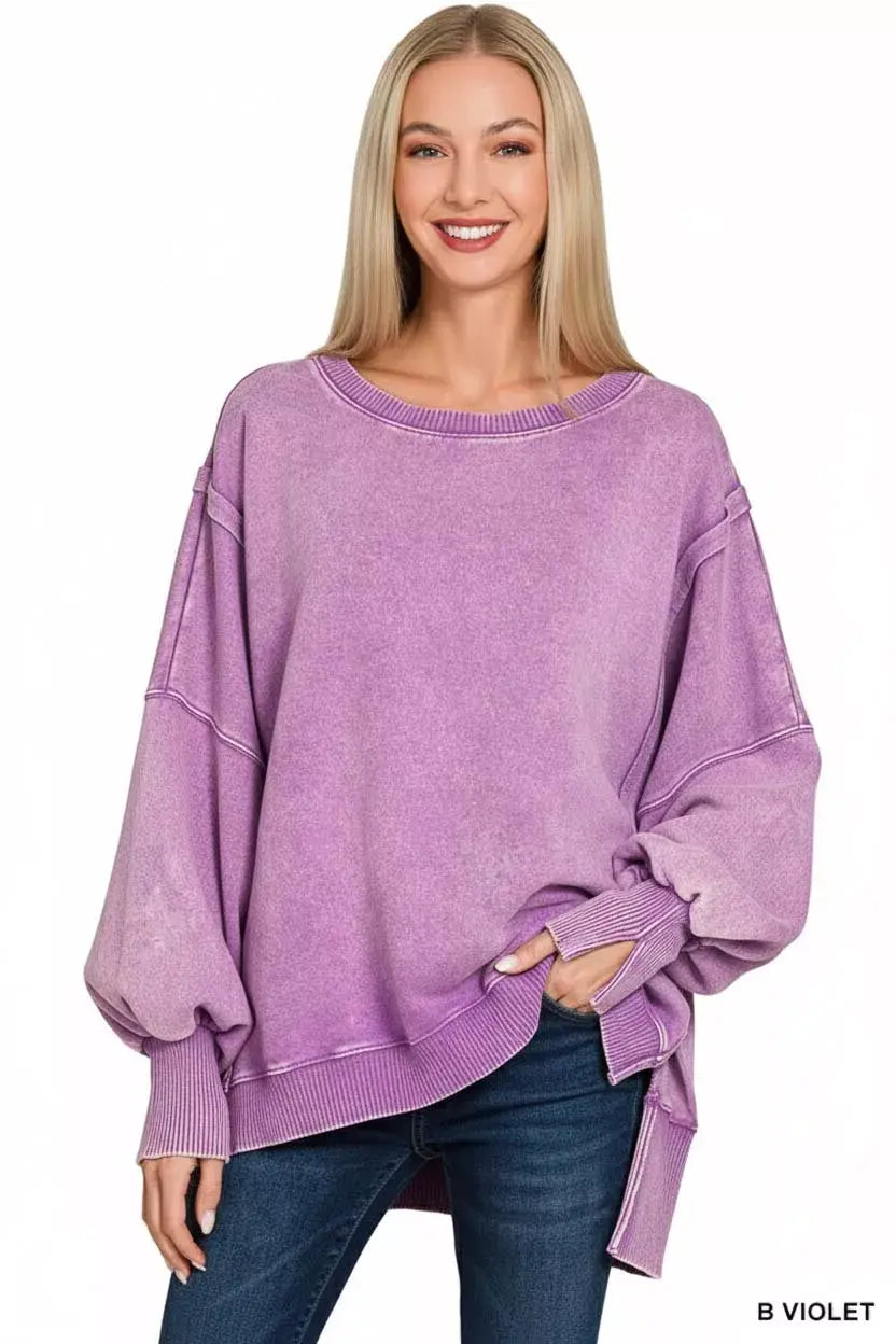 Zenana Acid Washed Batwing Sleeve Fleece Sweatshirt - Trendsi - Flyclothing LLC