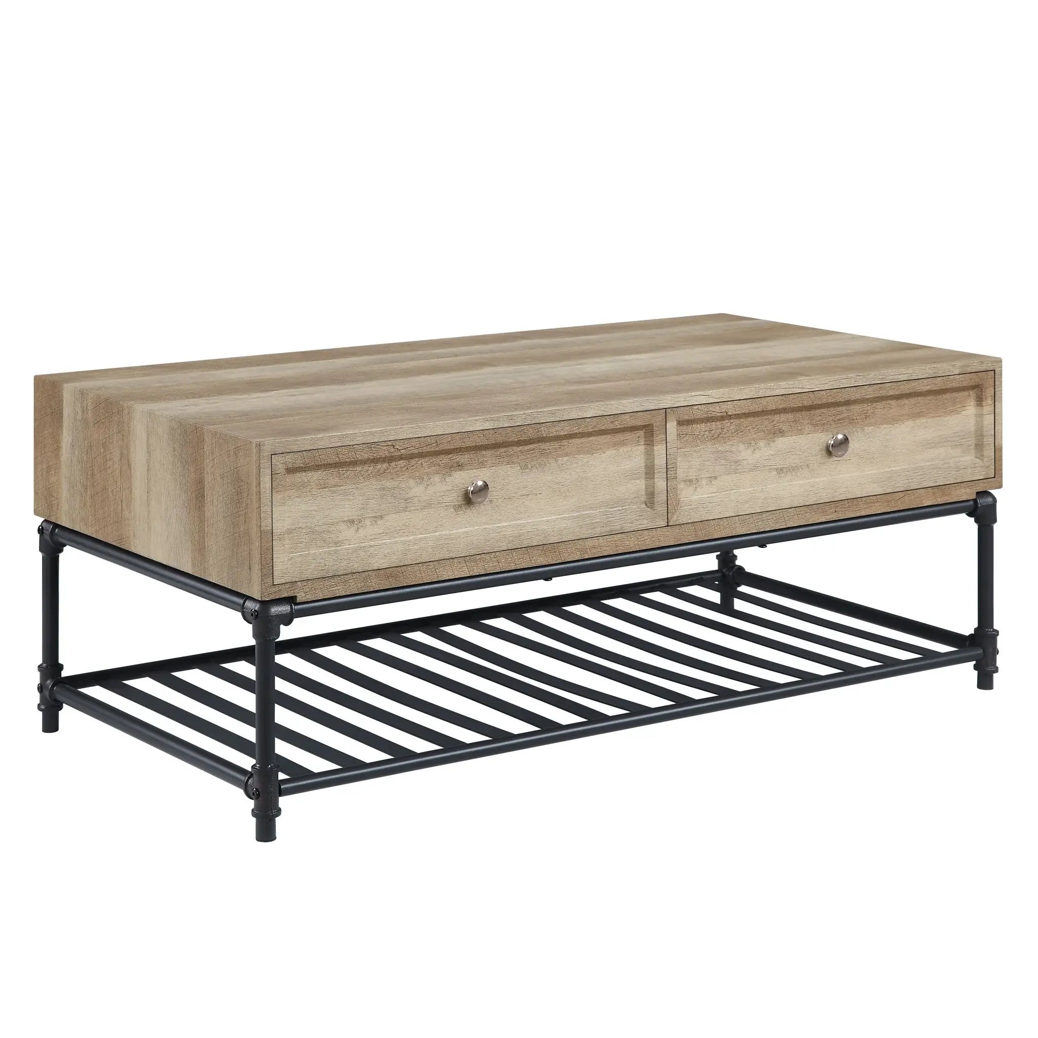 47" Sandy Black And Oak Paper Veneer And Metal Rectangular Coffee Table With Two Drawers And Shelf - Homeroots - Flyclothing LLC