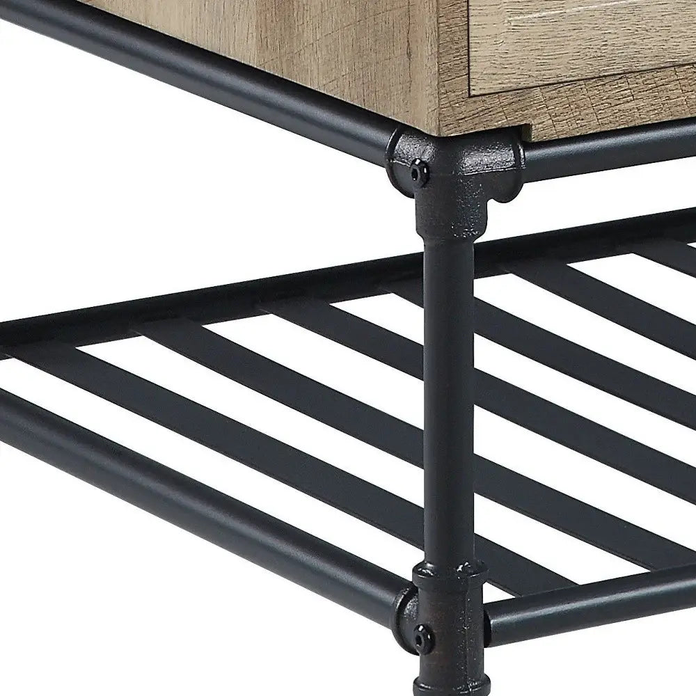 47" Sandy Black And Oak Paper Veneer And Metal Rectangular Coffee Table With Two Drawers And Shelf - Homeroots - Flyclothing LLC