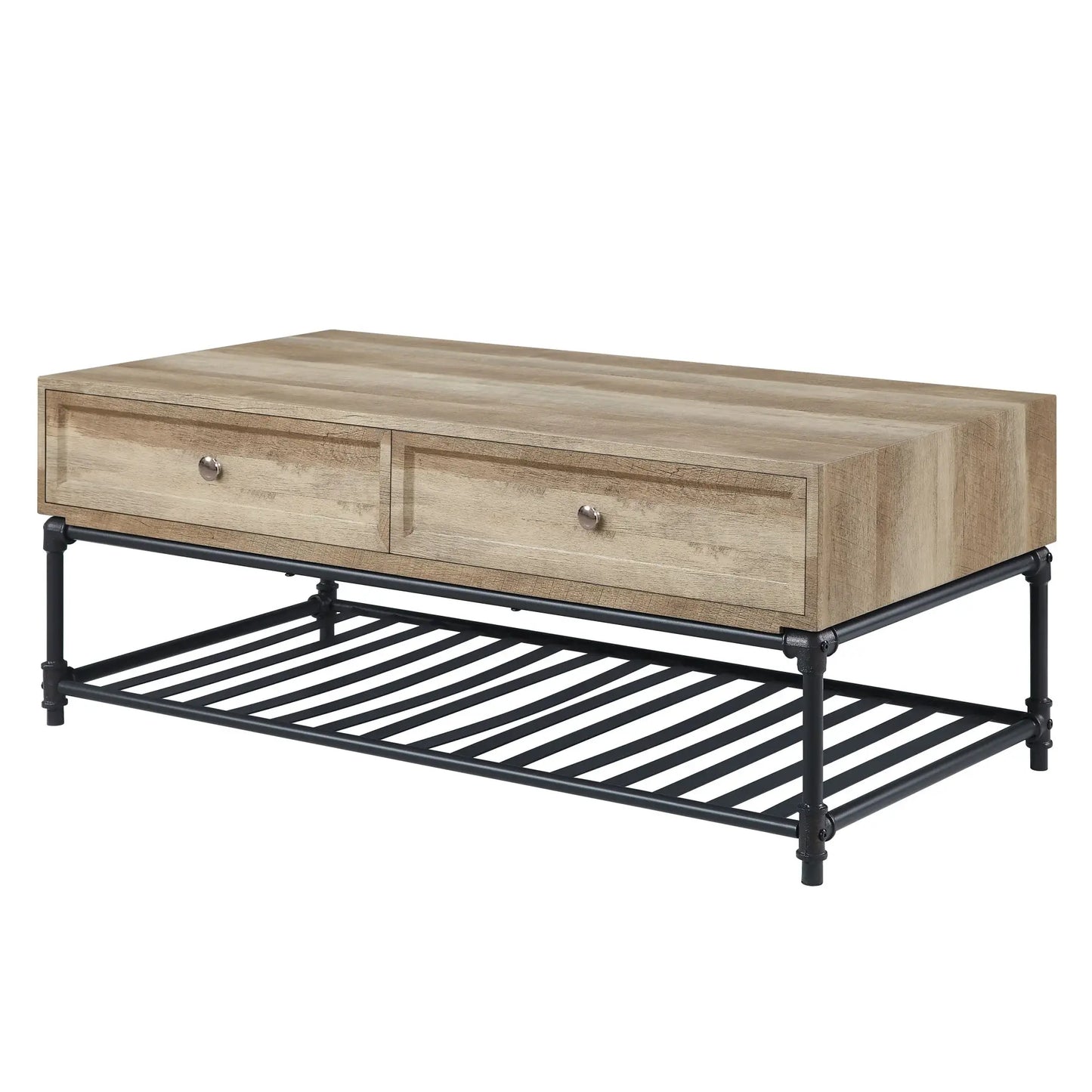 47" Sandy Black And Oak Paper Veneer And Metal Rectangular Coffee Table With Two Drawers And Shelf - Homeroots - Flyclothing LLC