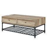 47" Sandy Black And Oak Paper Veneer And Metal Rectangular Coffee Table With Two Drawers And Shelf - Homeroots - Flyclothing LLC