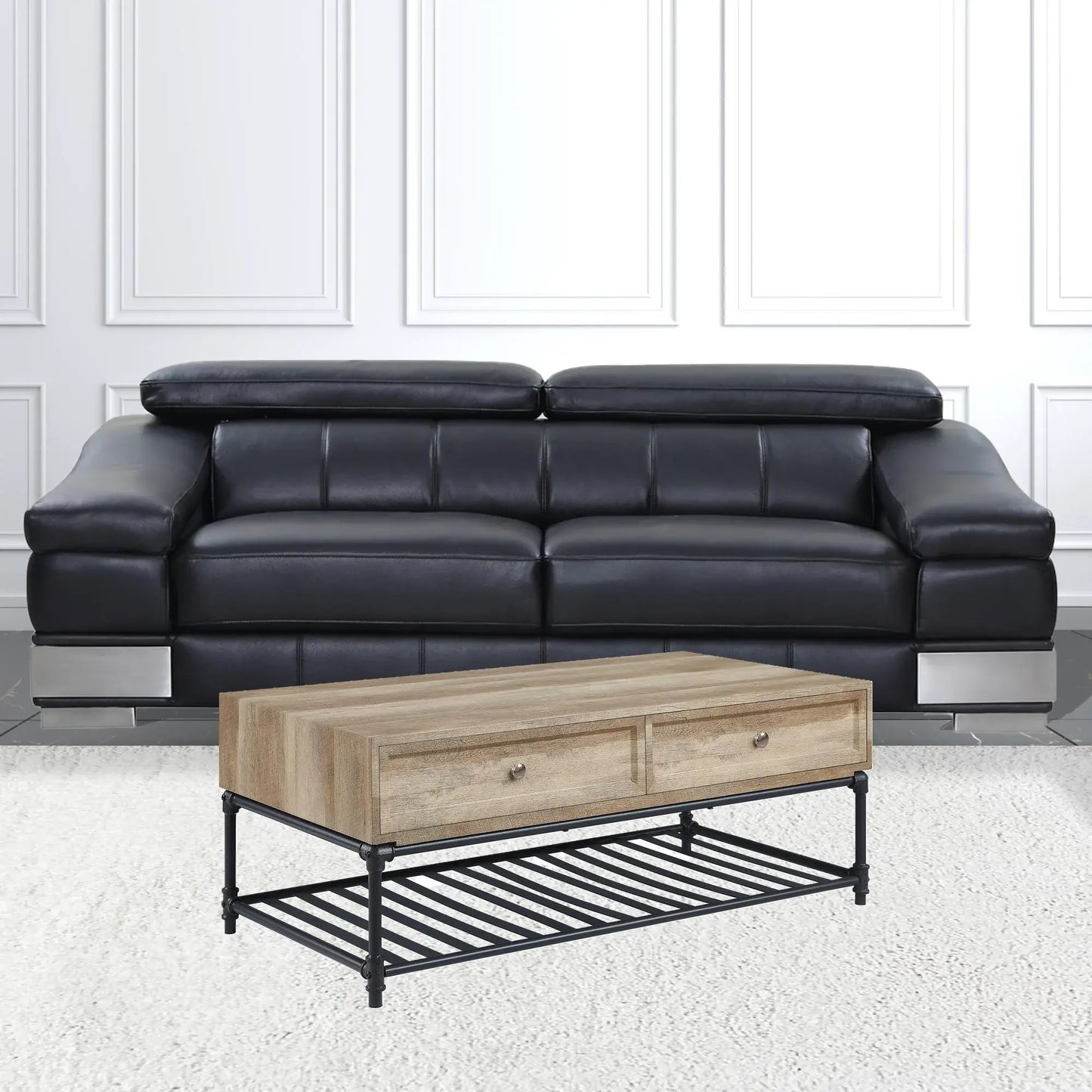 47" Sandy Black And Oak Paper Veneer And Metal Rectangular Coffee Table With Two Drawers And Shelf - Homeroots - Flyclothing LLC