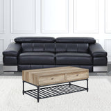 47" Oak and Brown Metal Coffee Table With Two Drawers And Shelf