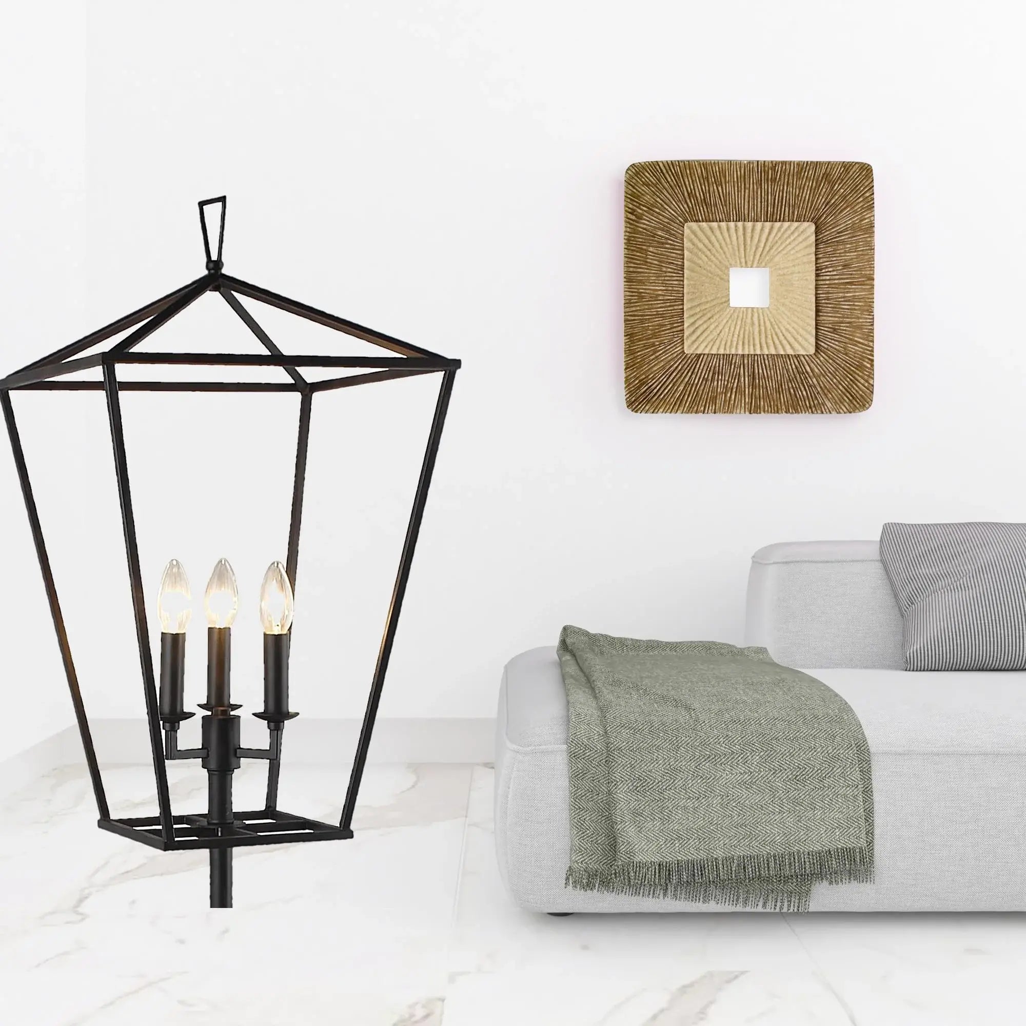 64" Black Three Light Floor Lamp With Black Geometric Shade - Homeroots - Flyclothing LLC