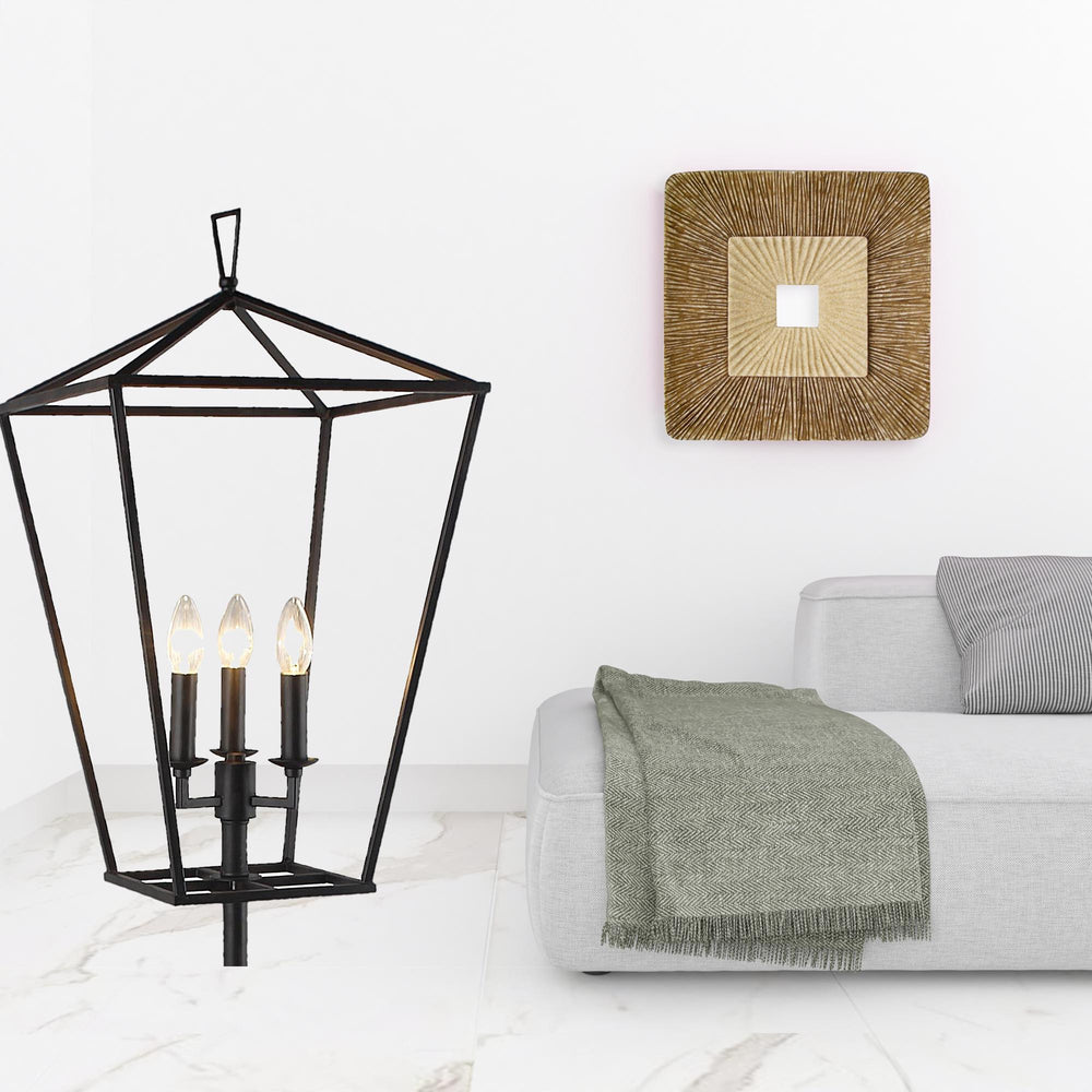 64" Black Three Light Floor Lamp With Black Geometric Shade - Homeroots - Flyclothing LLC