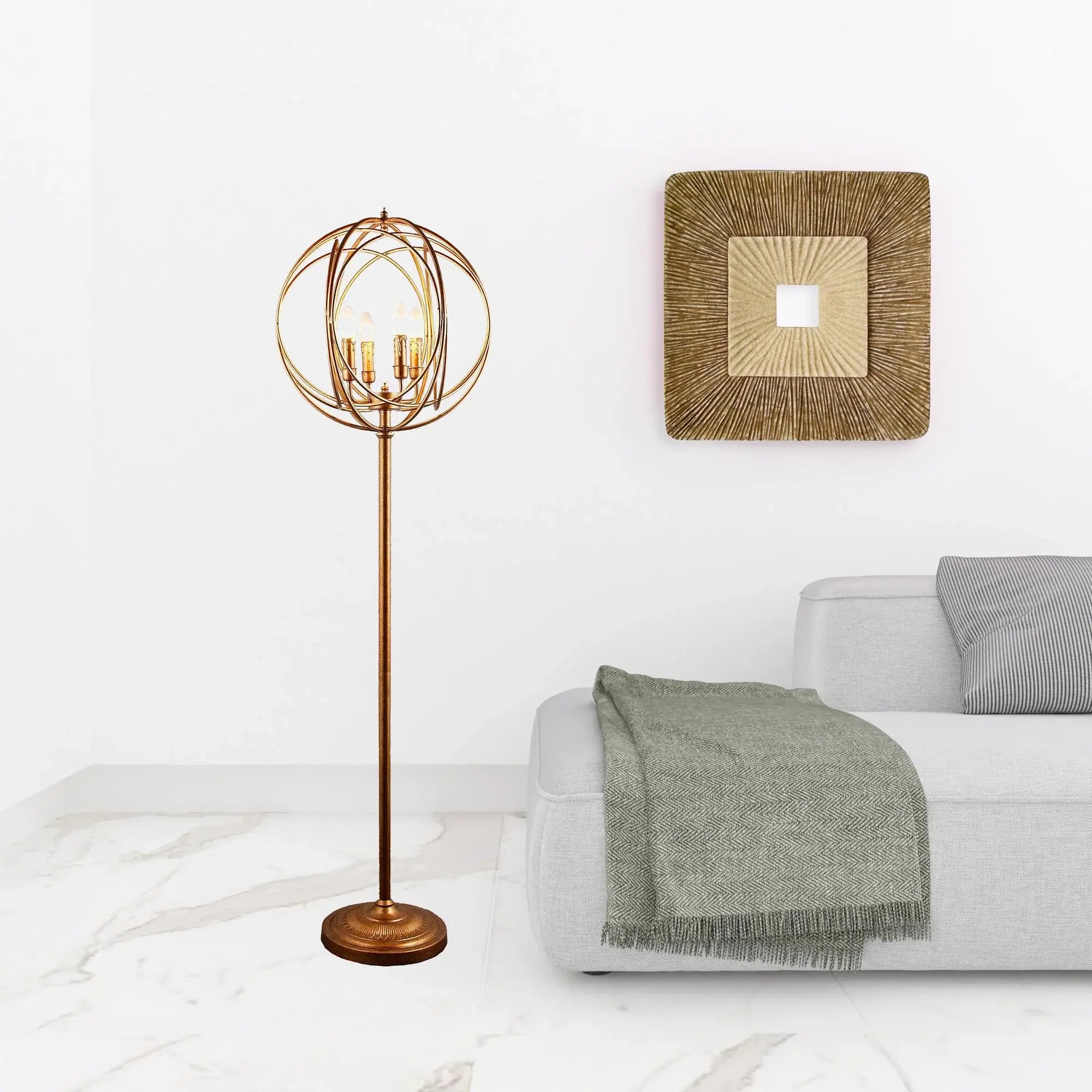 64" Gold Four Light Floor Lamp With Modern Gold Geometric Globe Shade - Homeroots - Flyclothing LLC