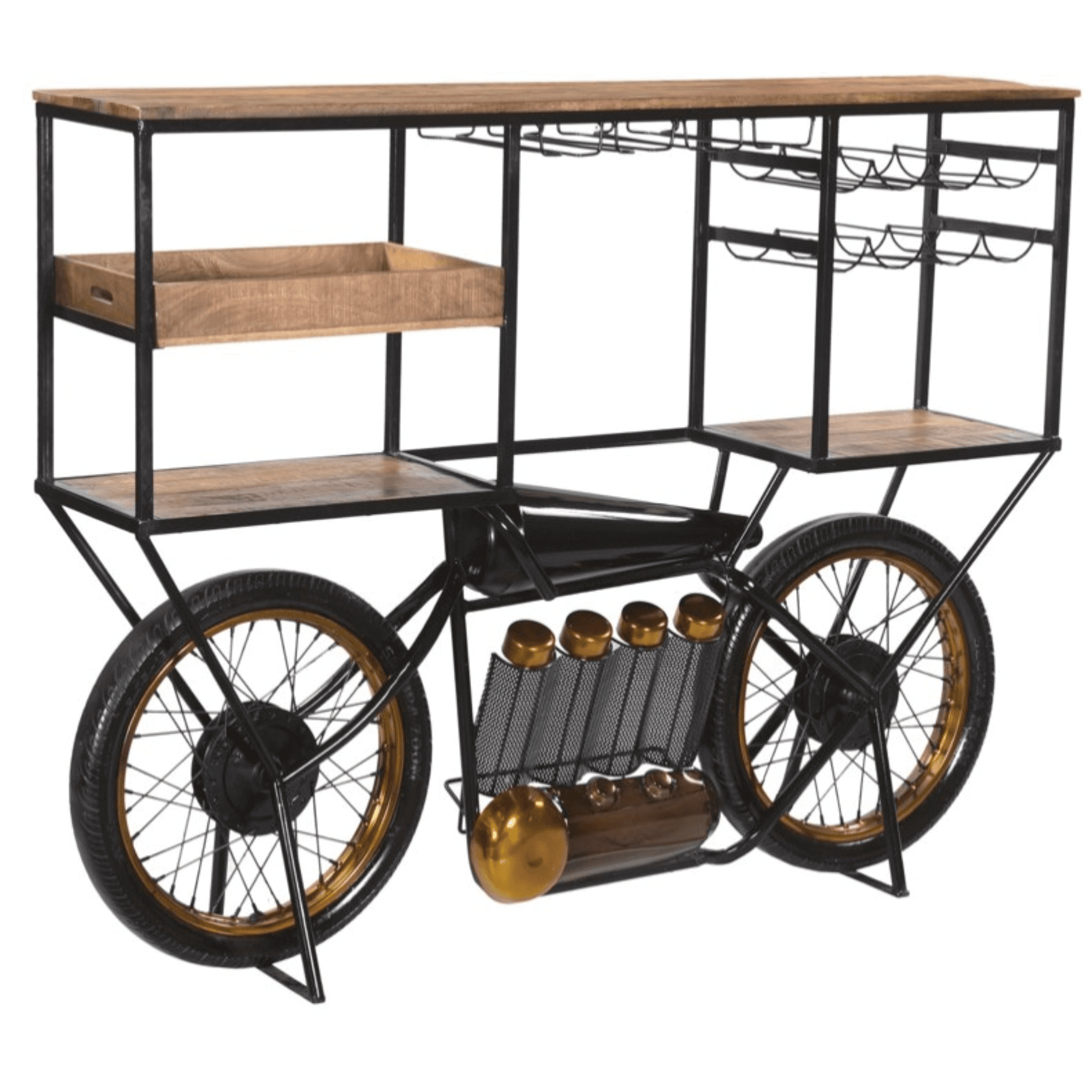 Brown and Black Metal And Solid Wood Bar Cart With Wine Storage - Homeroots - Flyclothing LLC