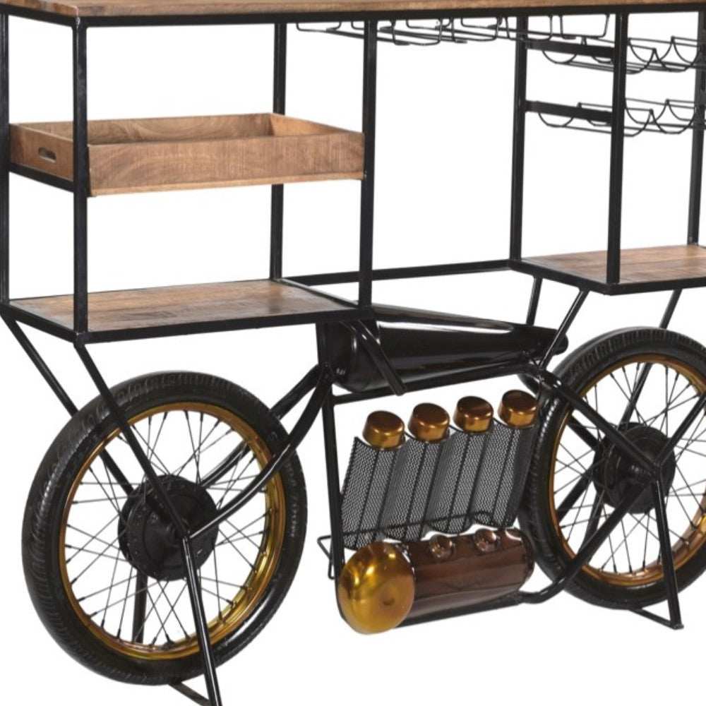 Brown and Black Metal And Solid Wood Bar Cart With Wine Storage - Homeroots - Flyclothing LLC