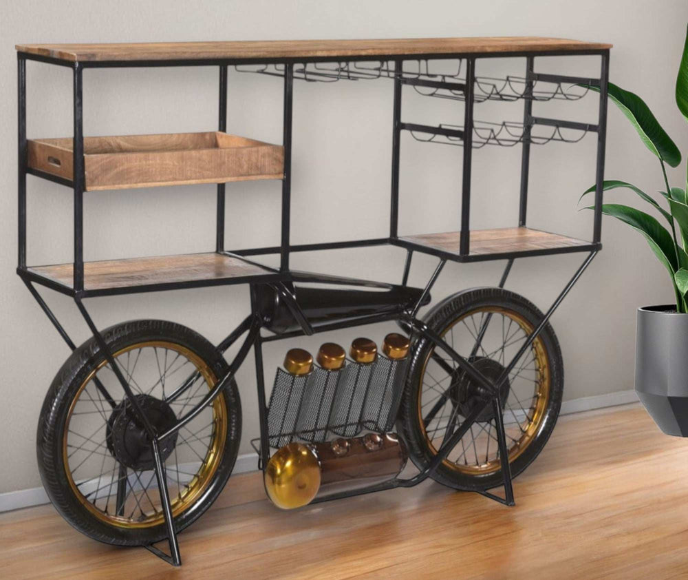 Brown and Black Metal And Solid Wood Bar Cart With Wine Storage - Homeroots - Flyclothing LLC