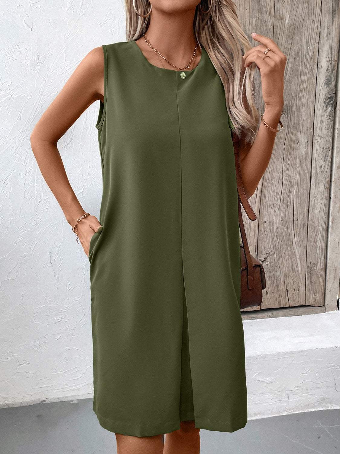Pocketed Round Neck Sleeveless Mini Dress - Trendsi - Flyclothing LLC