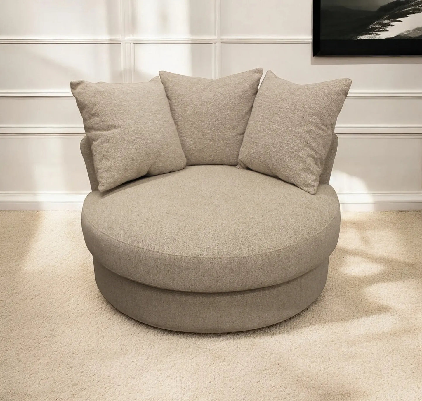 44" Sand Linen Upholstered Swivel Round Accent Chair And Toss Pillows - Homeroots - Flyclothing LLC