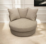 44" Sand Linen Upholstered Swivel Round Accent Chair And Toss Pillows - Homeroots - Flyclothing LLC