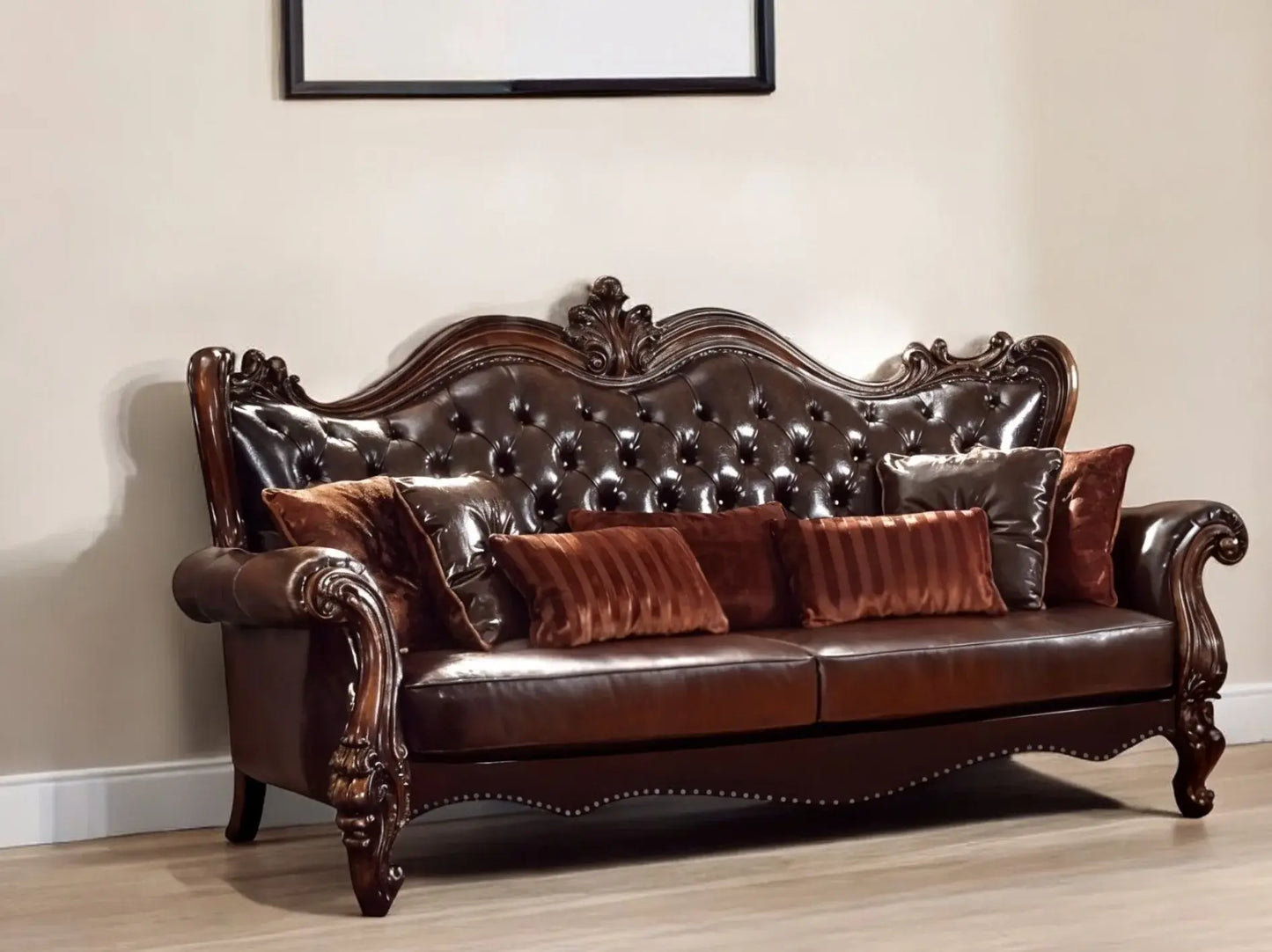 93" Brown Faux Leather Sofa And Toss Pillows With Burgundy Legs - Homeroots - Flyclothing LLC