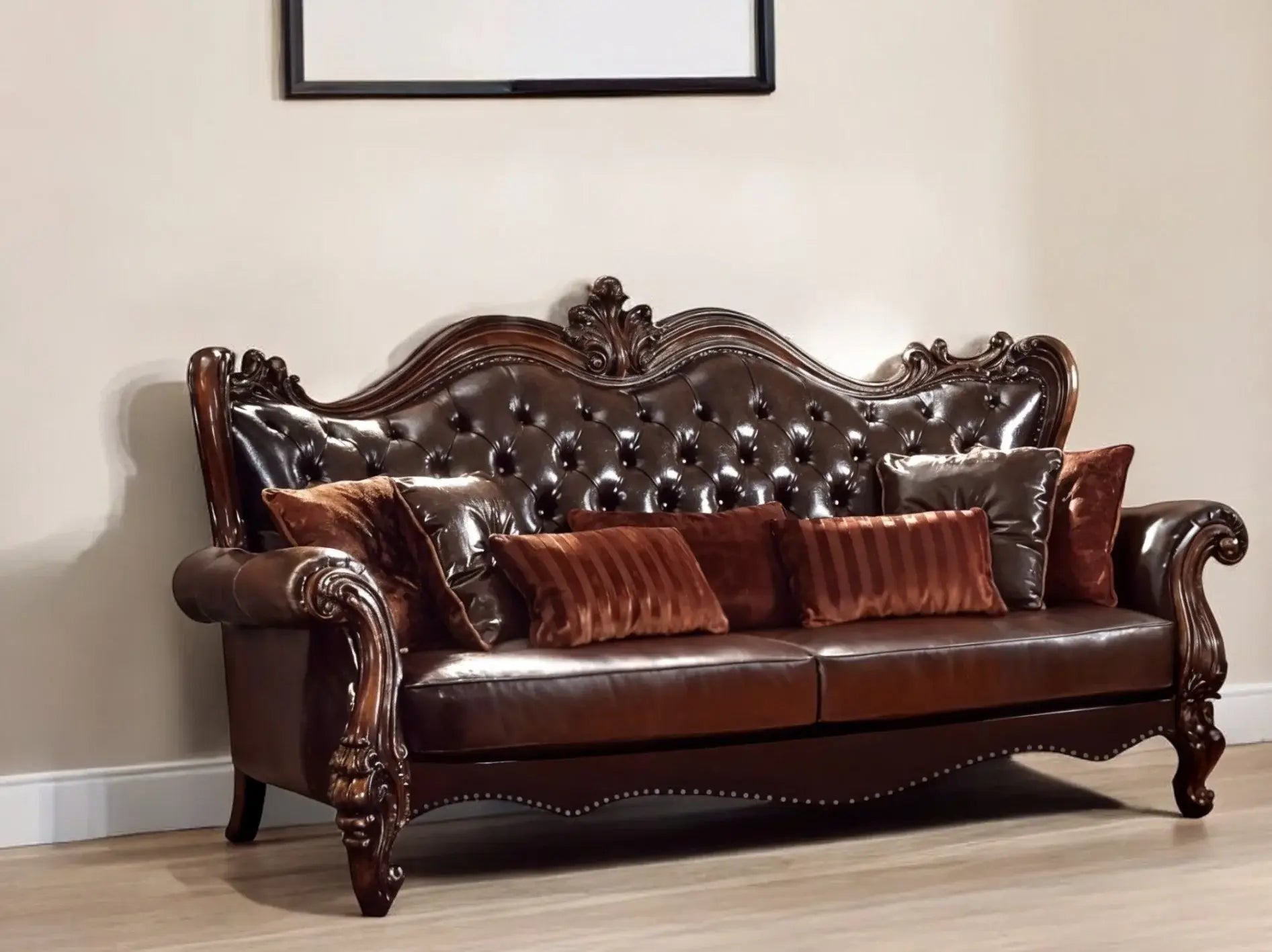 93" Brown Faux Leather Sofa And Toss Pillows With Burgundy Legs - Homeroots - Flyclothing LLC