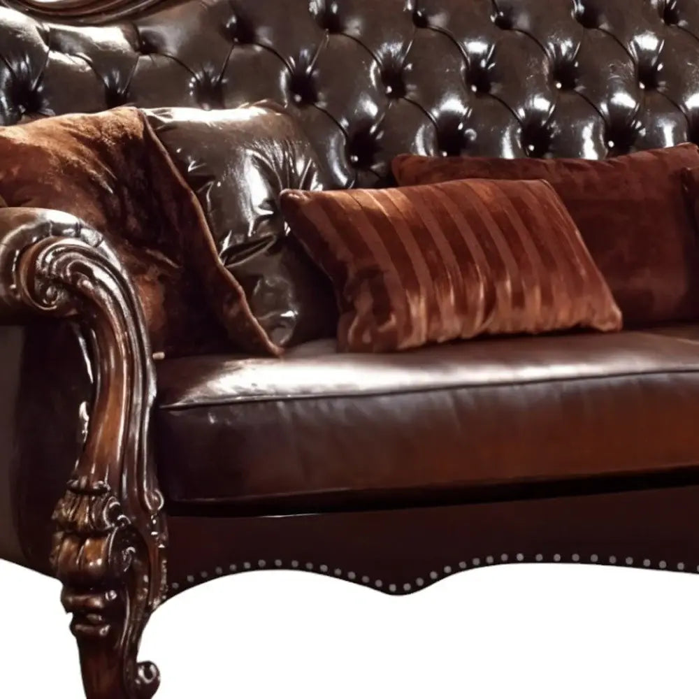 93" Brown Faux Leather Sofa And Toss Pillows With Burgundy Legs - Homeroots - Flyclothing LLC