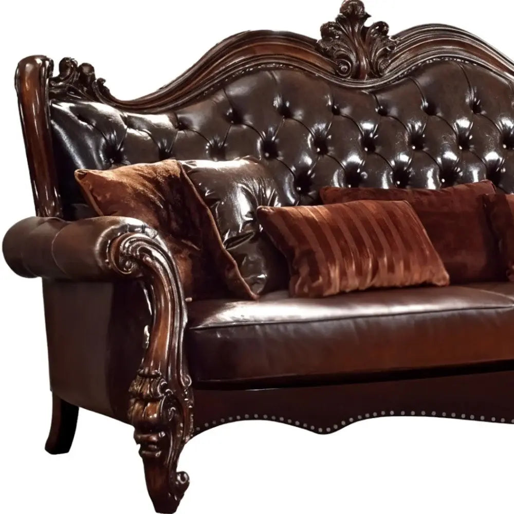 93" Brown Faux Leather Sofa And Toss Pillows With Burgundy Legs - Homeroots - Flyclothing LLC