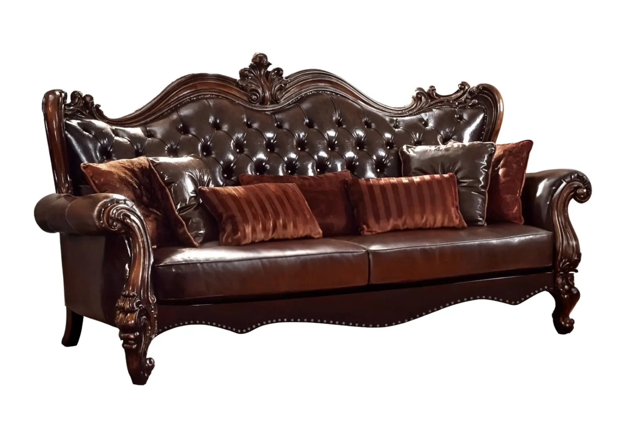 93" Brown Faux Leather Sofa And Toss Pillows With Burgundy Legs - Homeroots - Flyclothing LLC