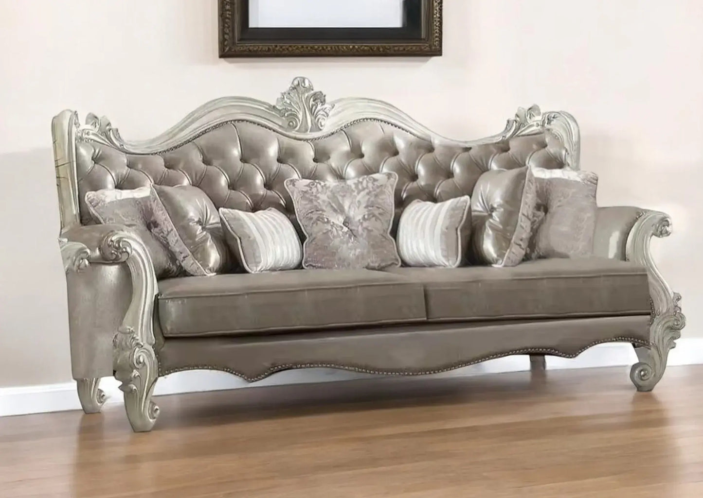90" Gray Faux Leather Curved Sofa And Toss Pillows With Bone Legs - Homeroots - Flyclothing LLC