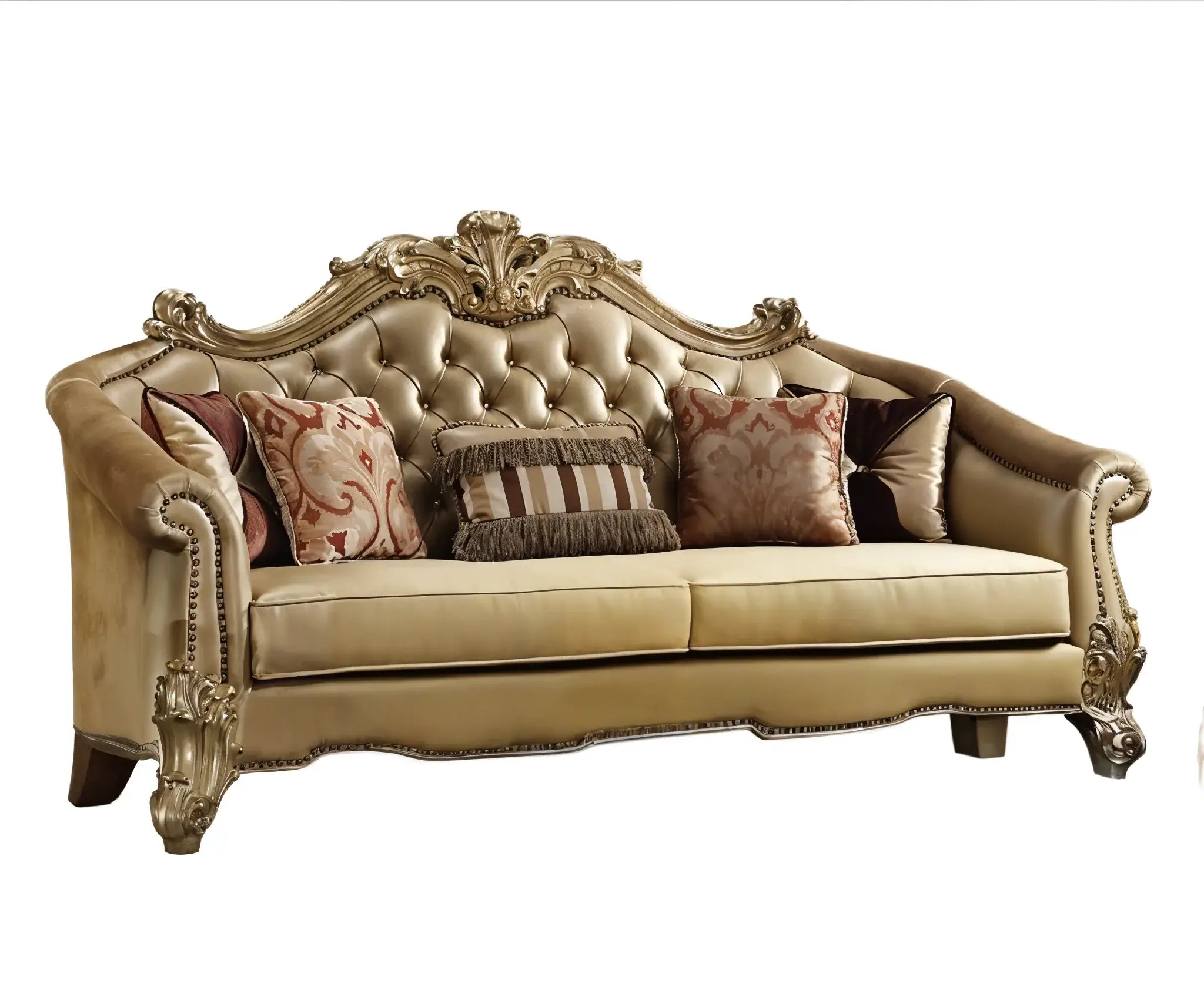 89" Bone Faux Leather Sofa And Toss Pillows With Gold Legs - Homeroots - Flyclothing LLC