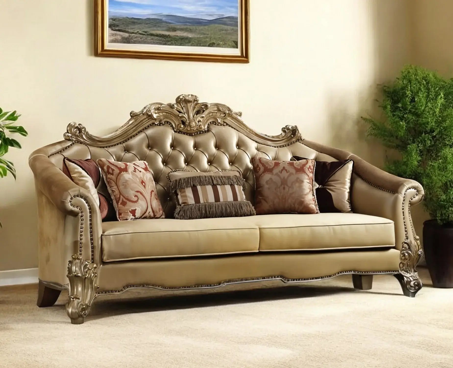 89" Bone Faux Leather Sofa And Toss Pillows With Gold Legs - Homeroots - Flyclothing LLC