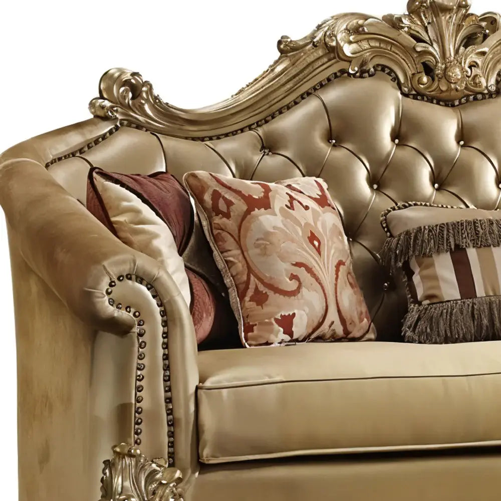 89" Bone Faux Leather Sofa And Toss Pillows With Gold Legs - Homeroots - Flyclothing LLC