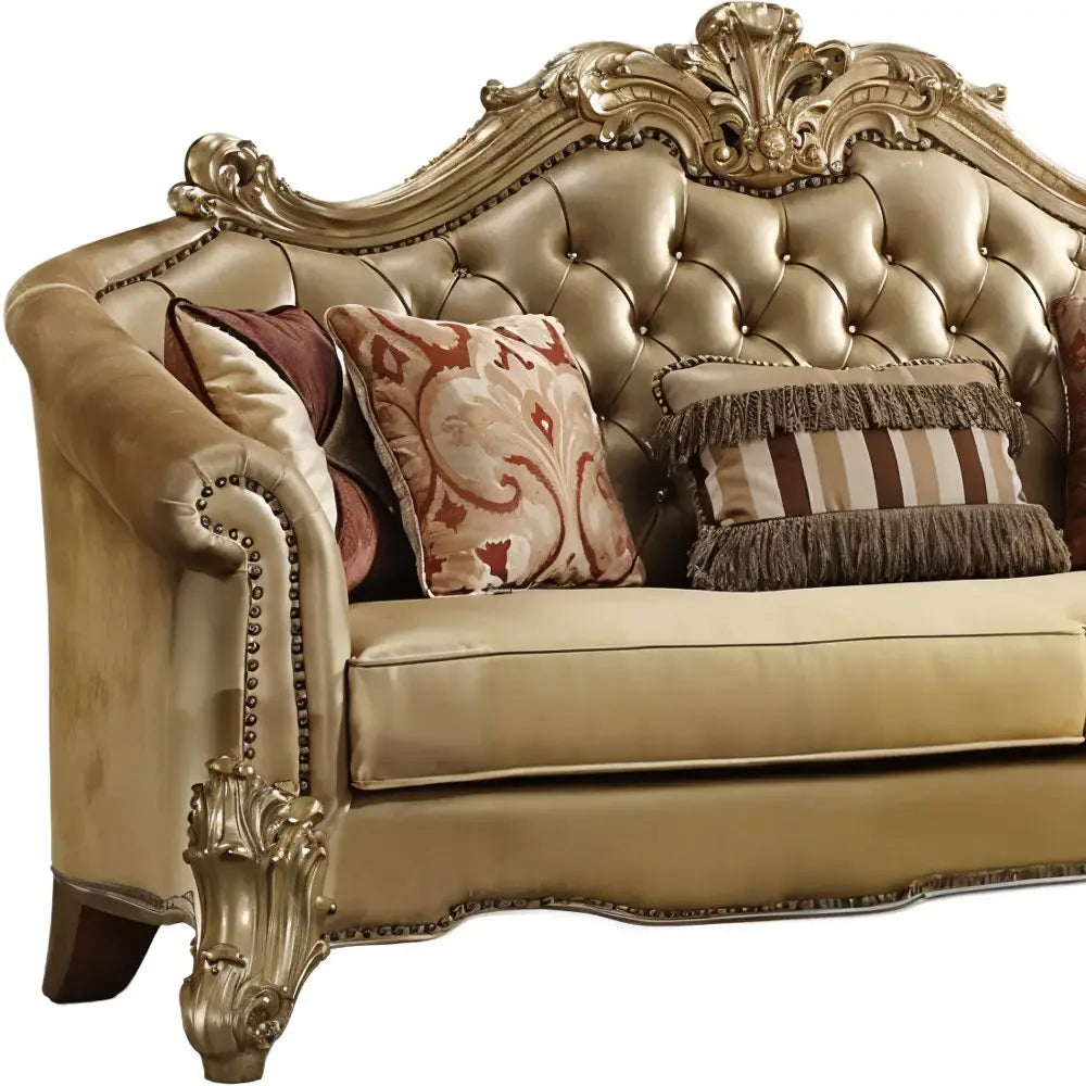89" Bone Faux Leather Sofa And Toss Pillows With Gold Legs - Homeroots - Flyclothing LLC