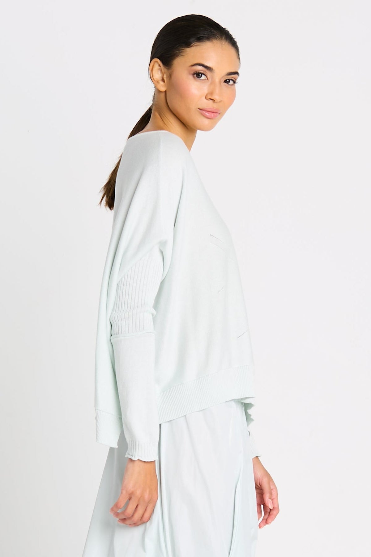Pima Cotton Stitches Boatneck Sweater - Mint - PLANET by Lauren G - Flyclothing LLC