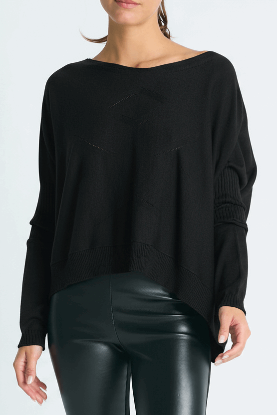 Pima Cotton Stitches Boatneck Sweater - Black - PLANET by Lauren G - Flyclothing LLC