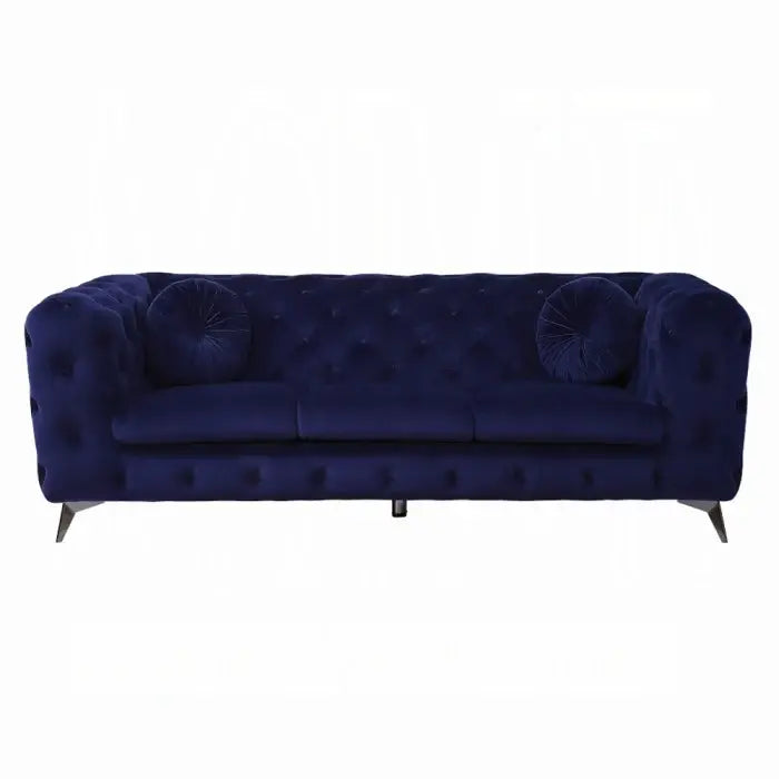 90" Blue Velvet Chesterfield Sofa With Silver Legs - Homeroots - Flyclothing LLC
