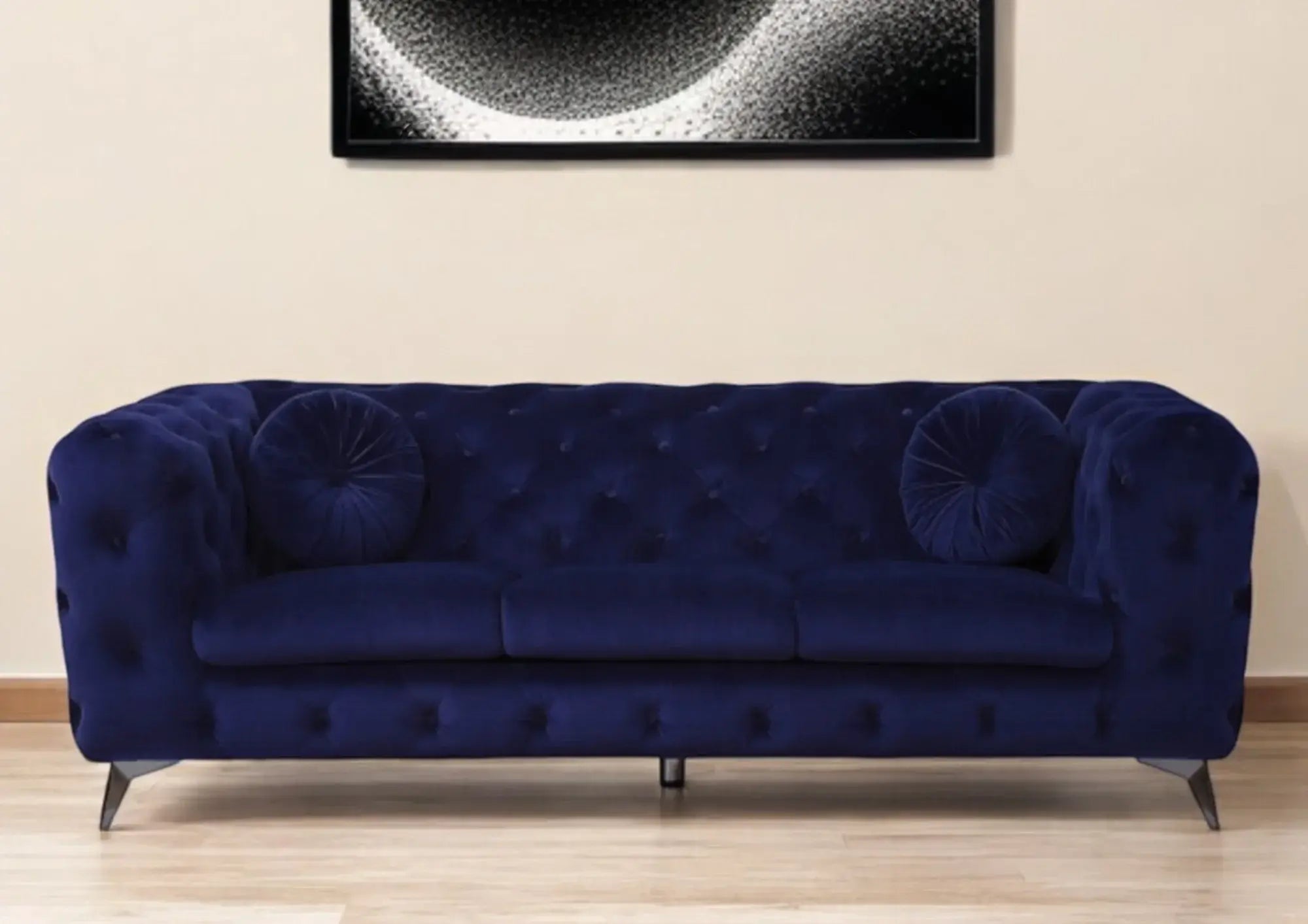 90" Blue Velvet Chesterfield Sofa With Silver Legs - Homeroots - Flyclothing LLC