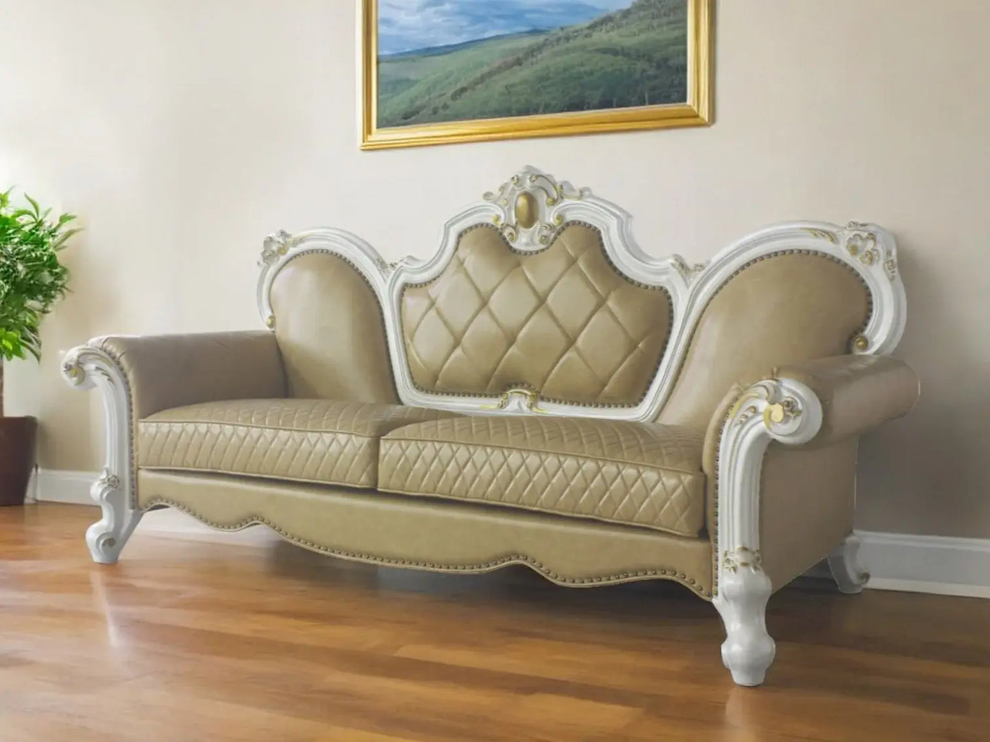 93" Golden Brown Faux Leather Sofa And Toss Pillows With Pearl Legs - Homeroots - Flyclothing LLC