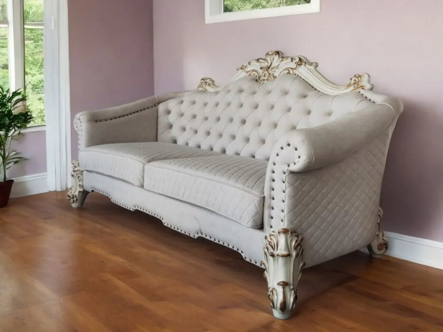 89" Ivory Velvet Sofa And Toss Pillows With Pearl Legs - Homeroots - Flyclothing LLC