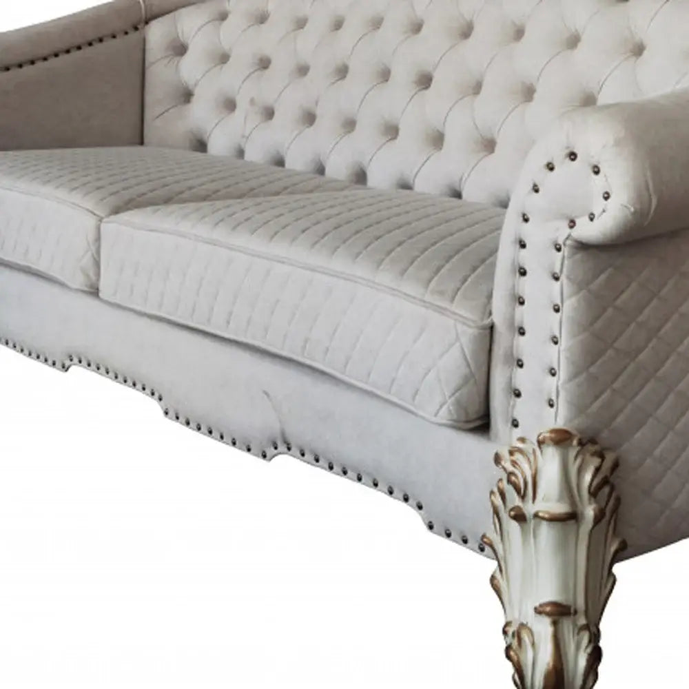 89" Ivory Velvet Sofa And Toss Pillows With Pearl Legs - Homeroots - Flyclothing LLC