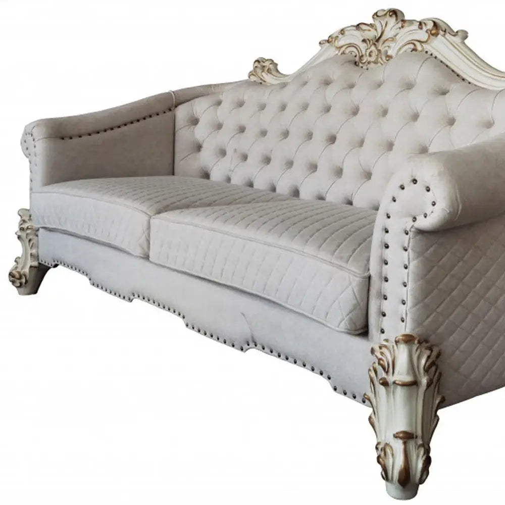 89" Ivory Velvet Sofa And Toss Pillows With Pearl Legs - Homeroots - Flyclothing LLC