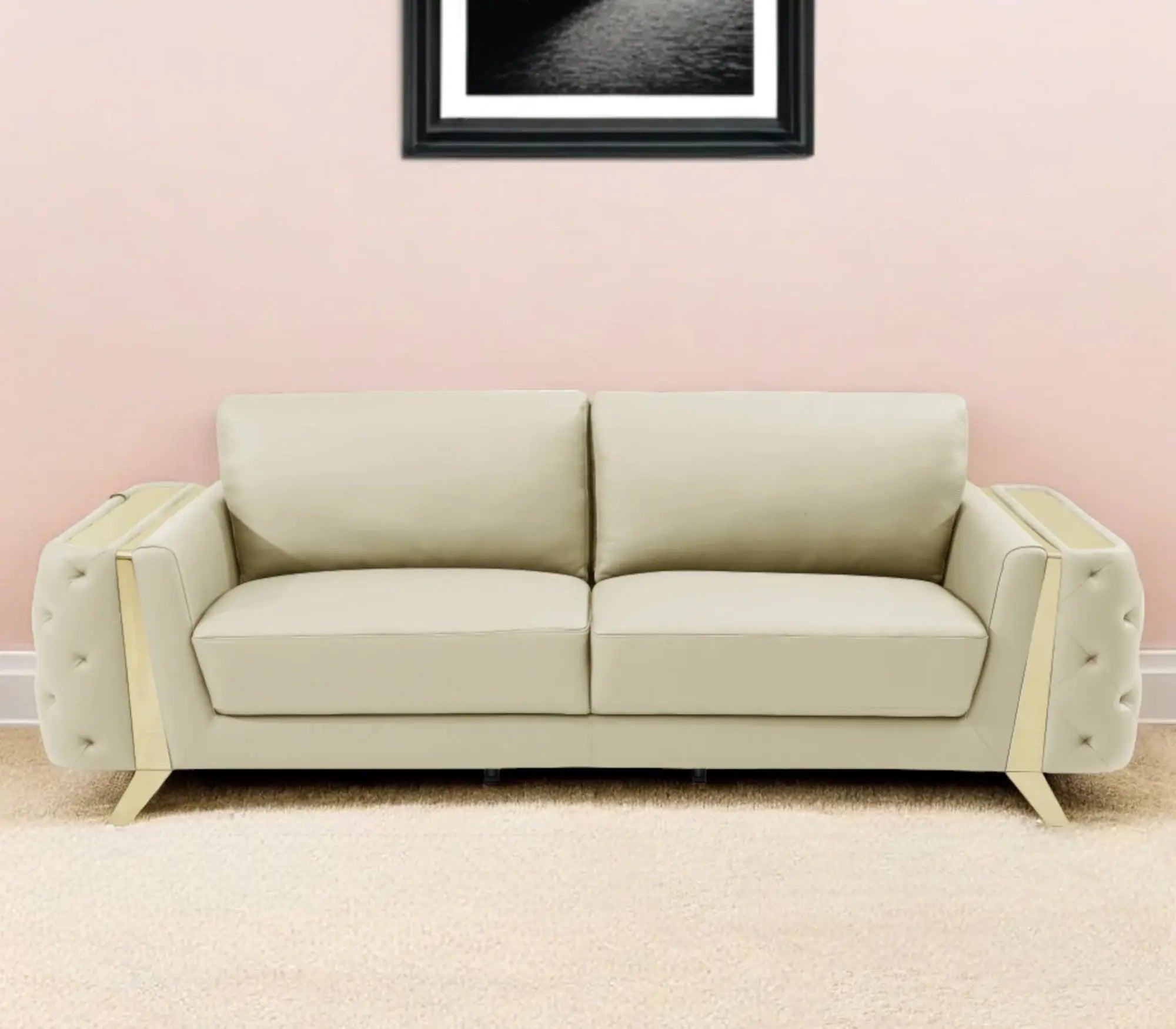 90" Beige Italian Leather Sofa With Gold Legs - Homeroots - Flyclothing LLC
