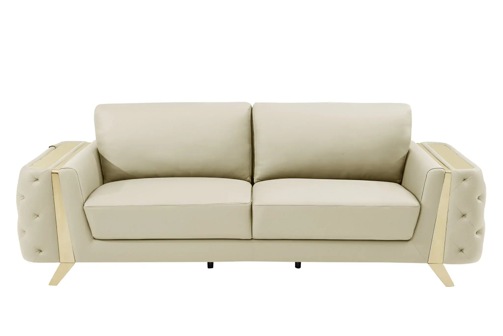 90" Beige Italian Leather Sofa With Gold Legs - Homeroots - Flyclothing LLC