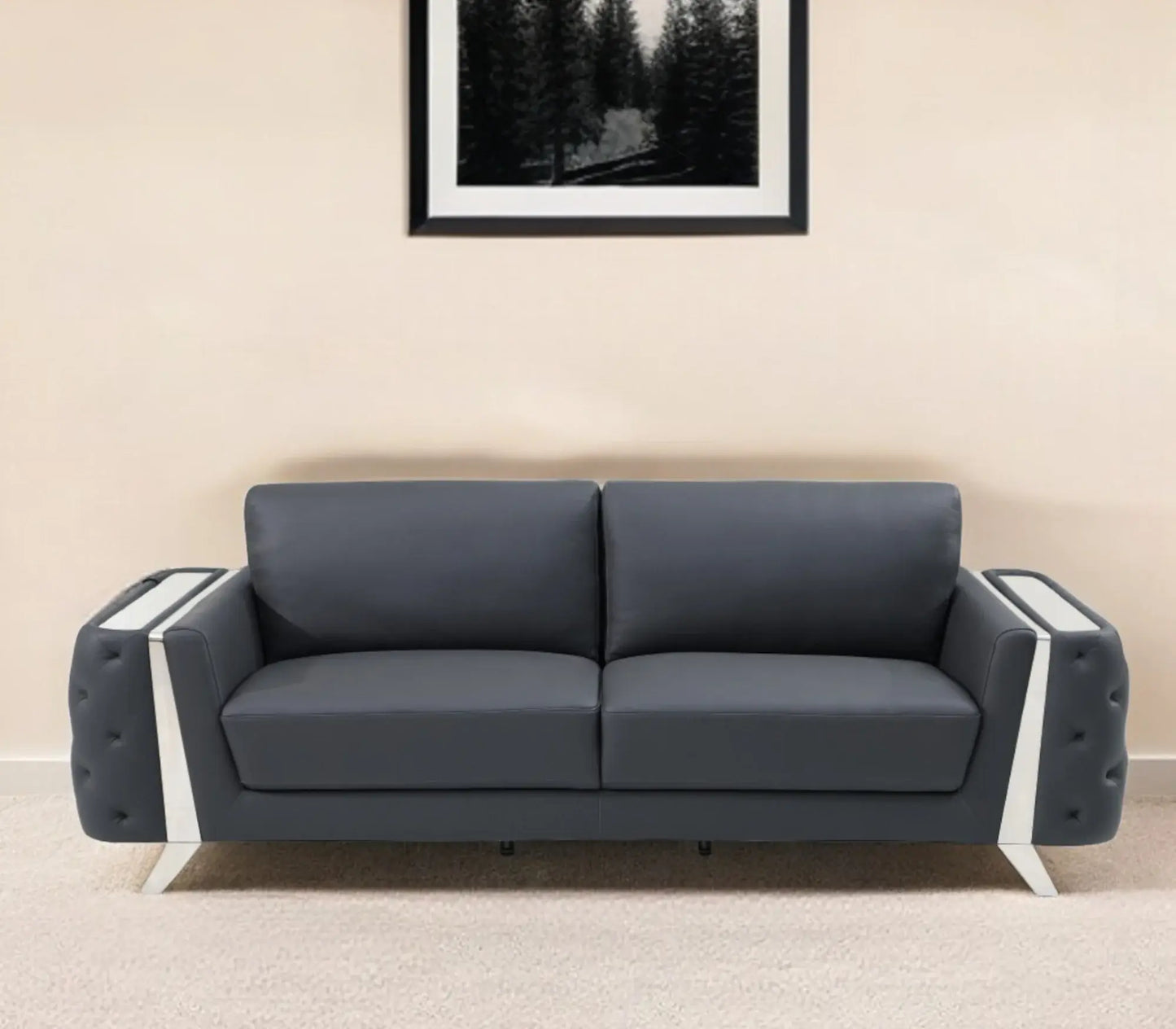 90" Gray Italian Leather Sofa With Silver Legs - Homeroots - Flyclothing LLC