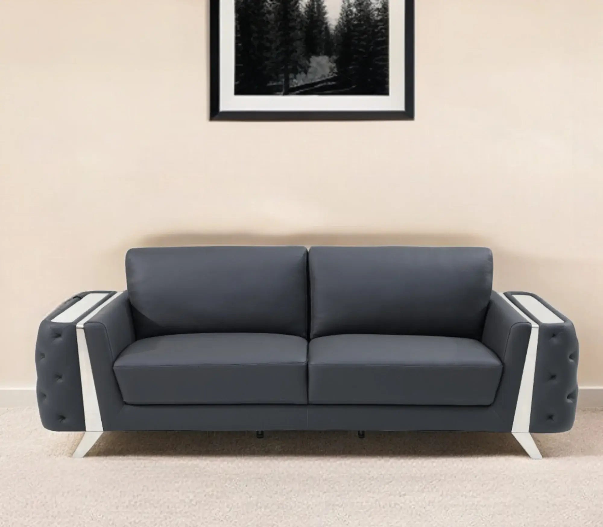 90" Gray Italian Leather Sofa With Silver Legs - Homeroots - Flyclothing LLC