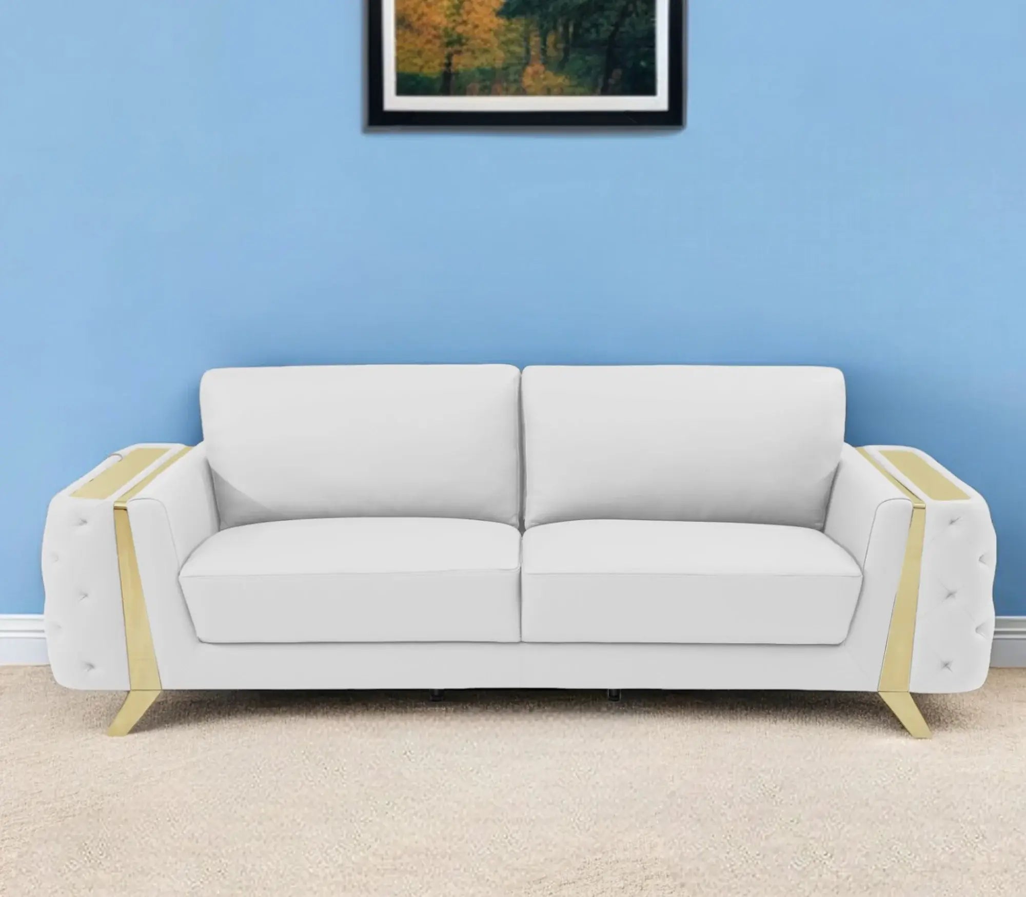 90" White Italian Leather Sofa With Gold Legs - Homeroots - Flyclothing LLC