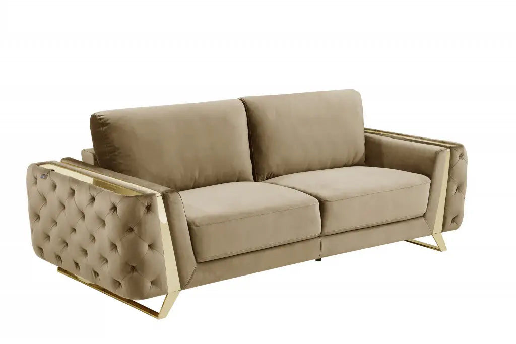 90" Beige Velvet Sofa With Gold Legs - Homeroots - Flyclothing LLC