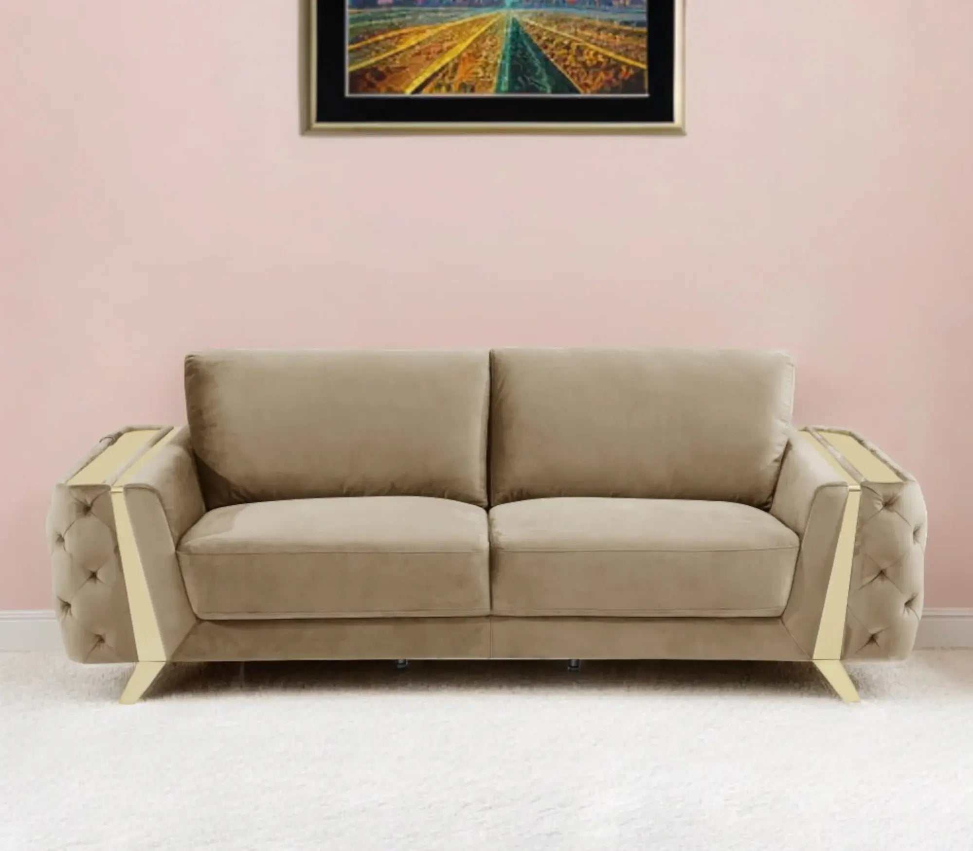 90" Beige Velvet Sofa With Gold Legs - Homeroots - Flyclothing LLC