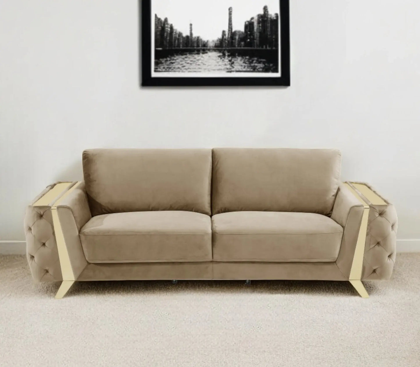 90" Beige Velvet Sofa With Gold Legs - Homeroots - Flyclothing LLC