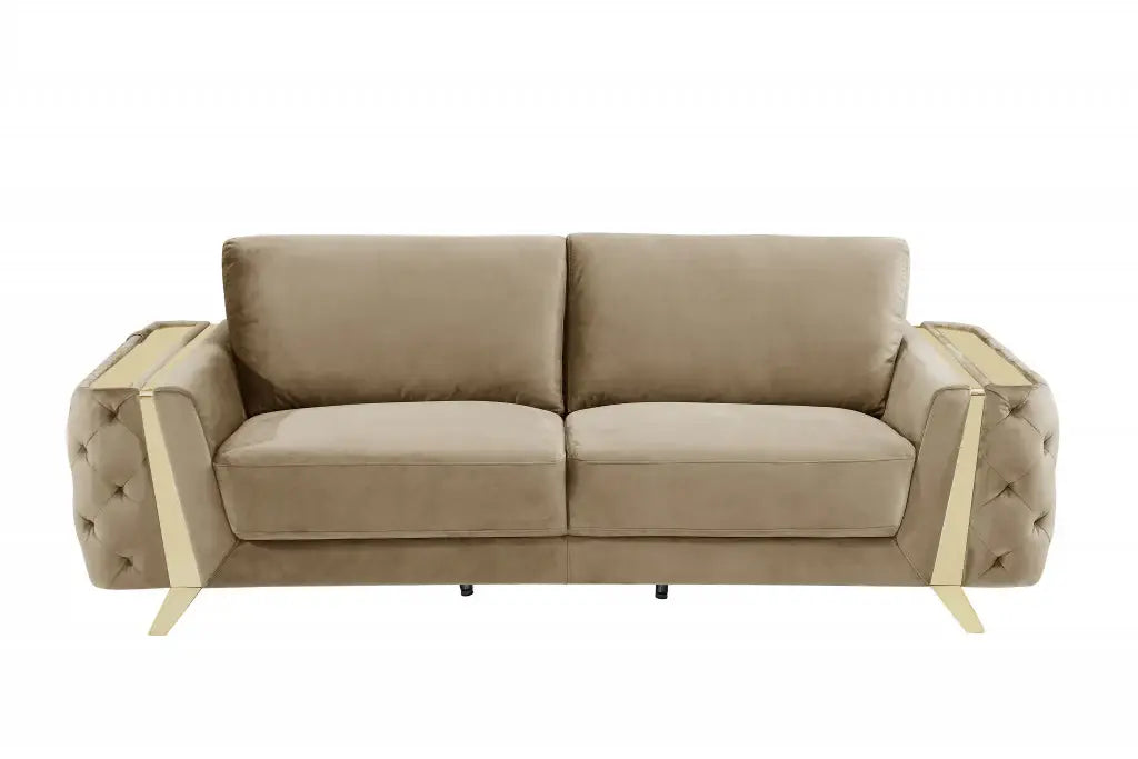 90" Beige Velvet Sofa With Gold Legs - Homeroots - Flyclothing LLC