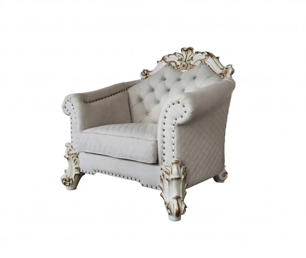 43" Two Tone Ivory Fabric And Antique Pearl Striped Arm Chair - Homeroots - Flyclothing LLC