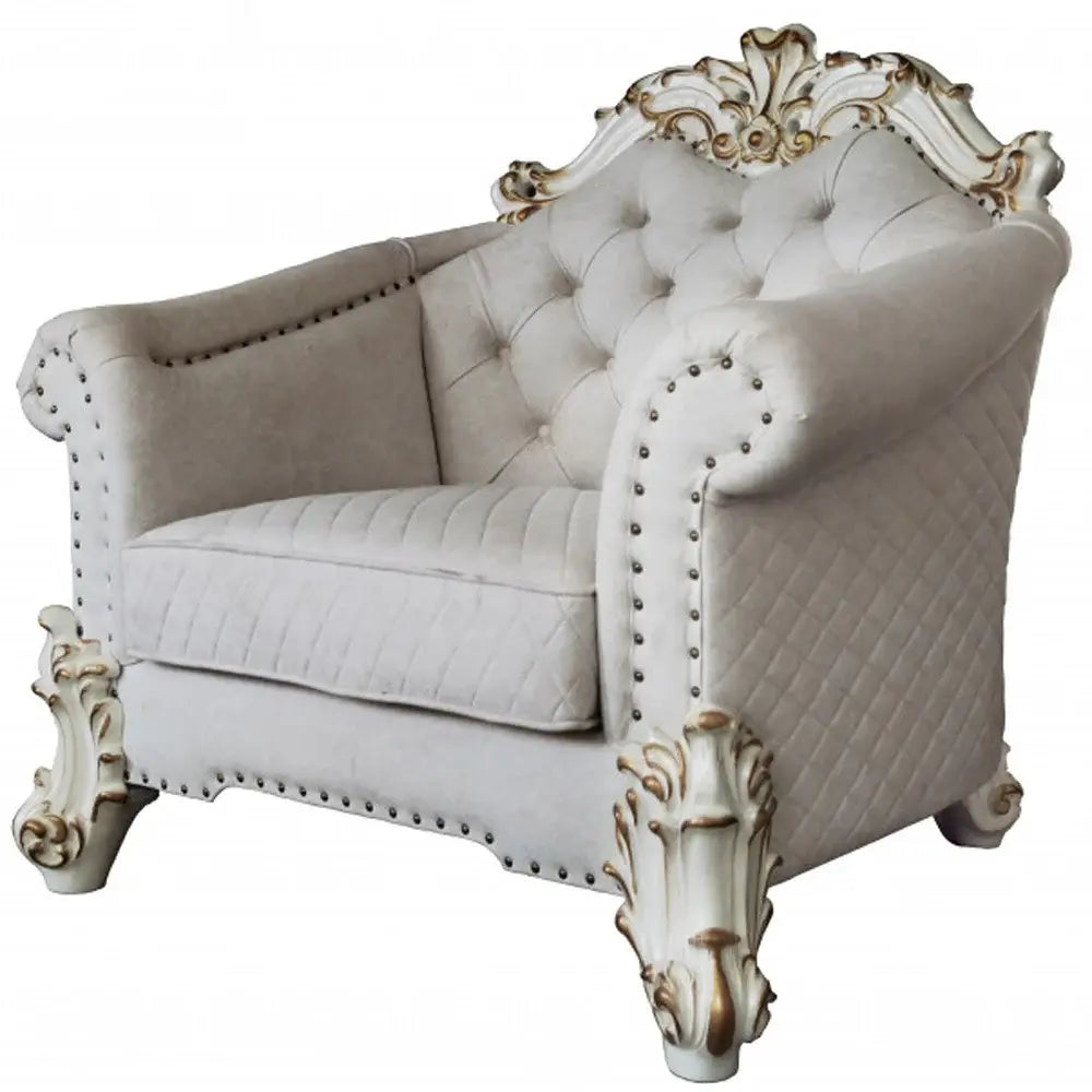 43" Two Tone Ivory Fabric And Antique Pearl Striped Arm Chair - Homeroots - Flyclothing LLC