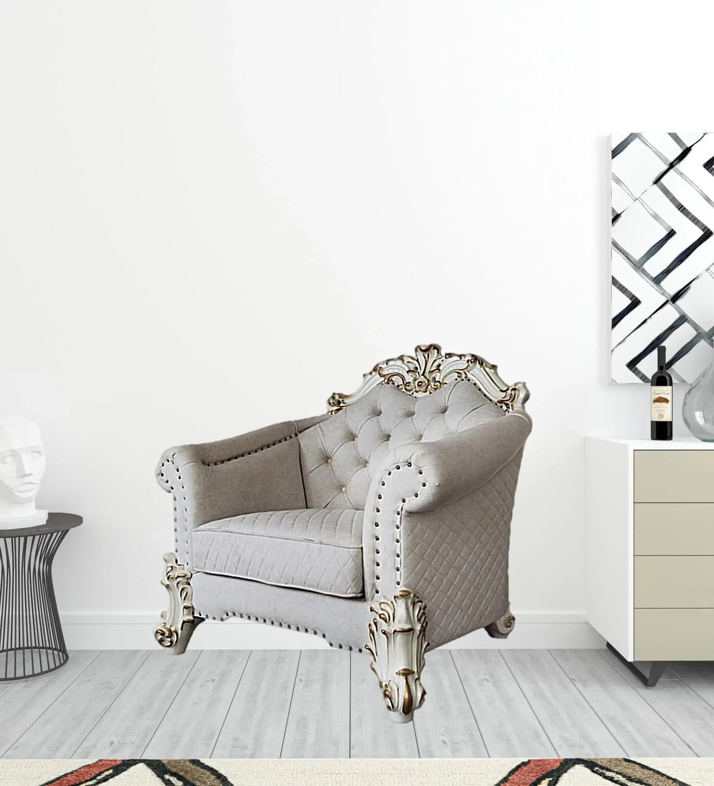43" Two Tone Ivory Fabric And Antique Pearl Striped Arm Chair - Homeroots - Flyclothing LLC
