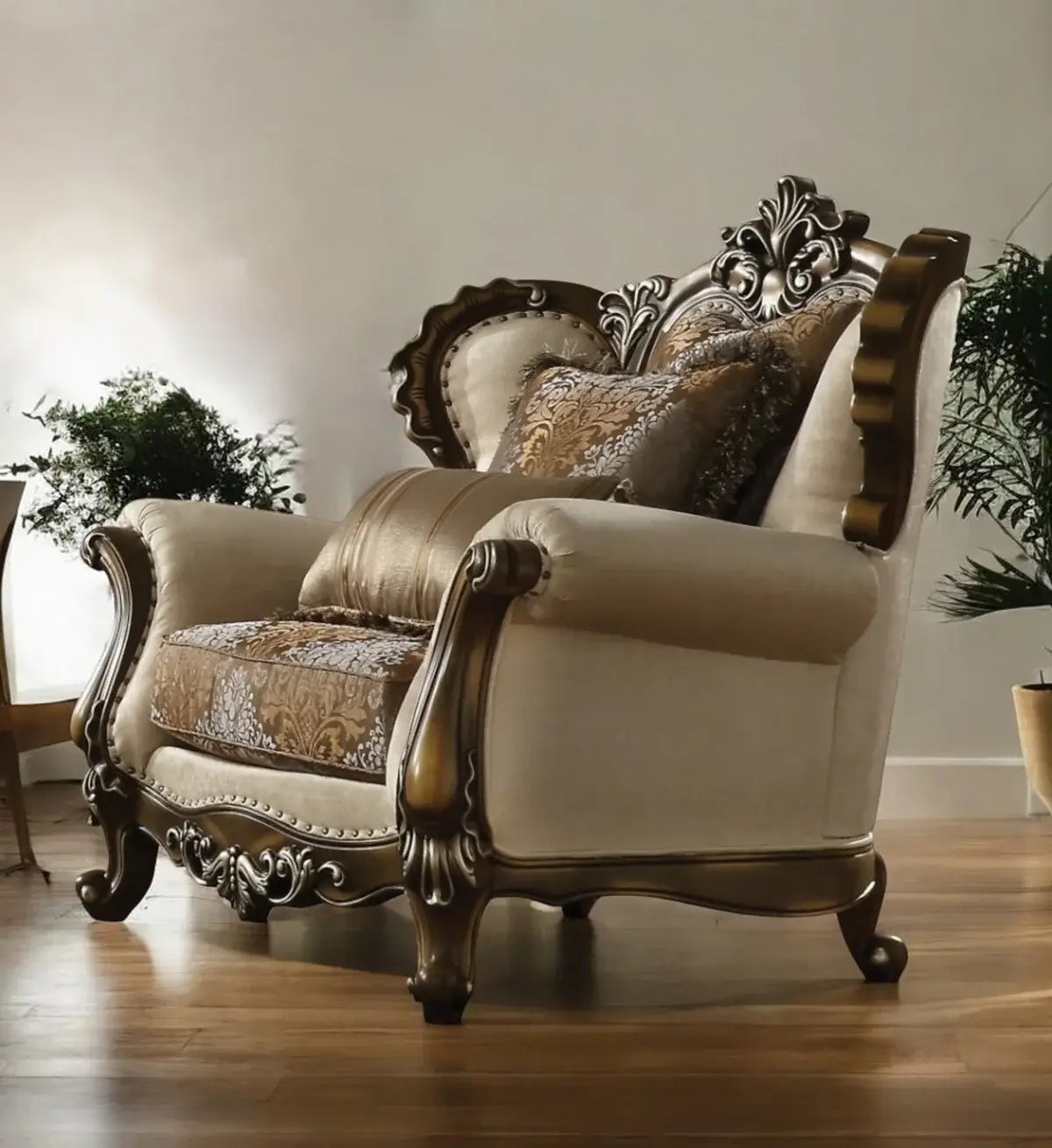 49" Tan And Brown Fabric Floral Tufted Wingback Chair - Homeroots - Flyclothing LLC
