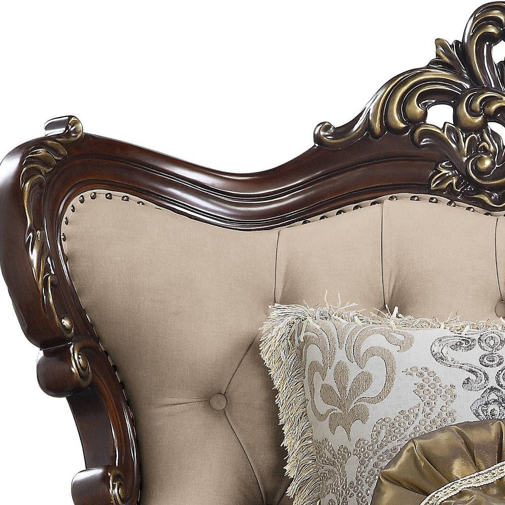 48" Beige and Brown Linen Floral Arm Chair And Toss Pillows